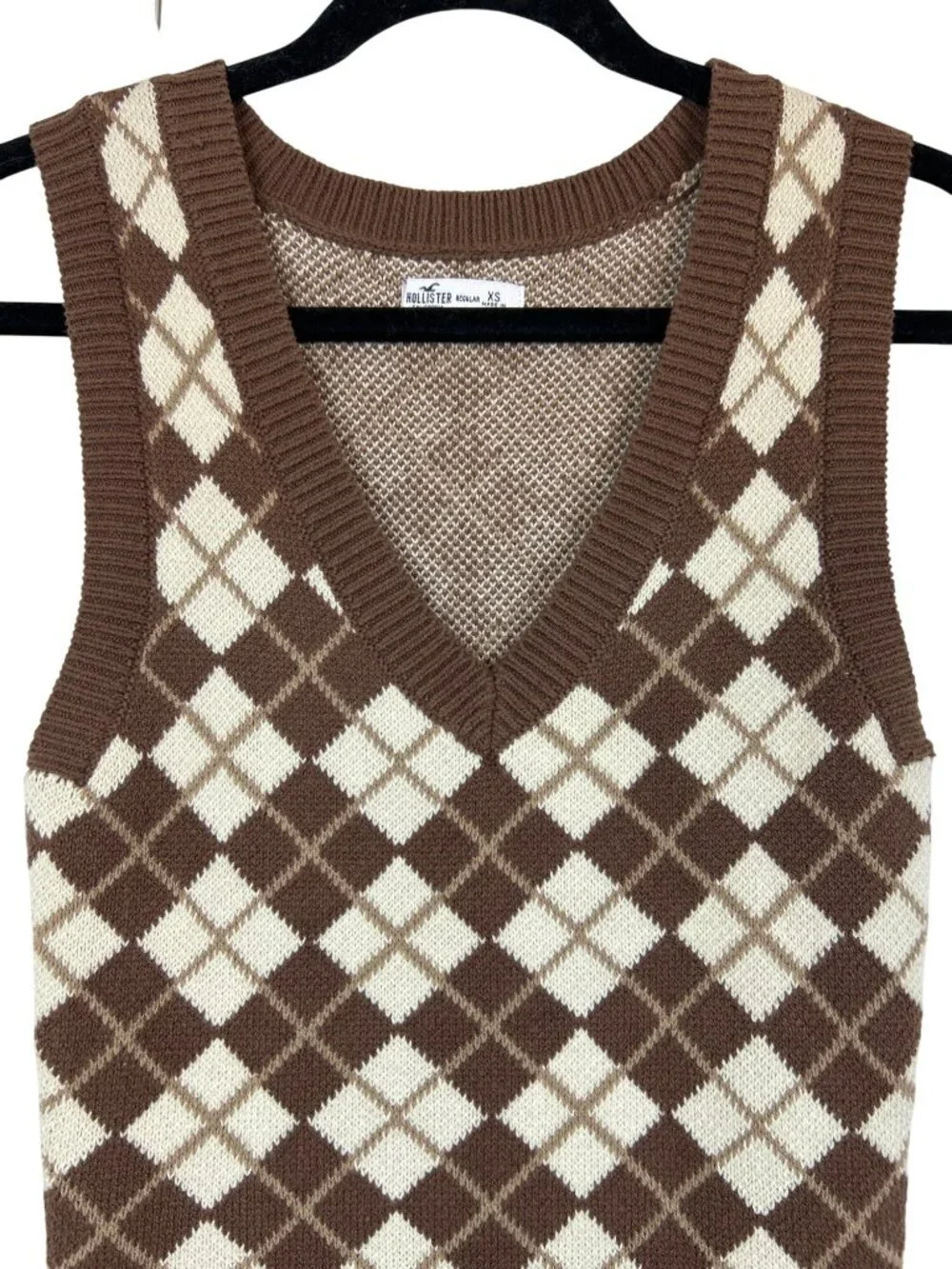Hollister Sweater Bodycon Vest Dress XS Argyle V-Neck Sleeveless Mini Dress Y2K